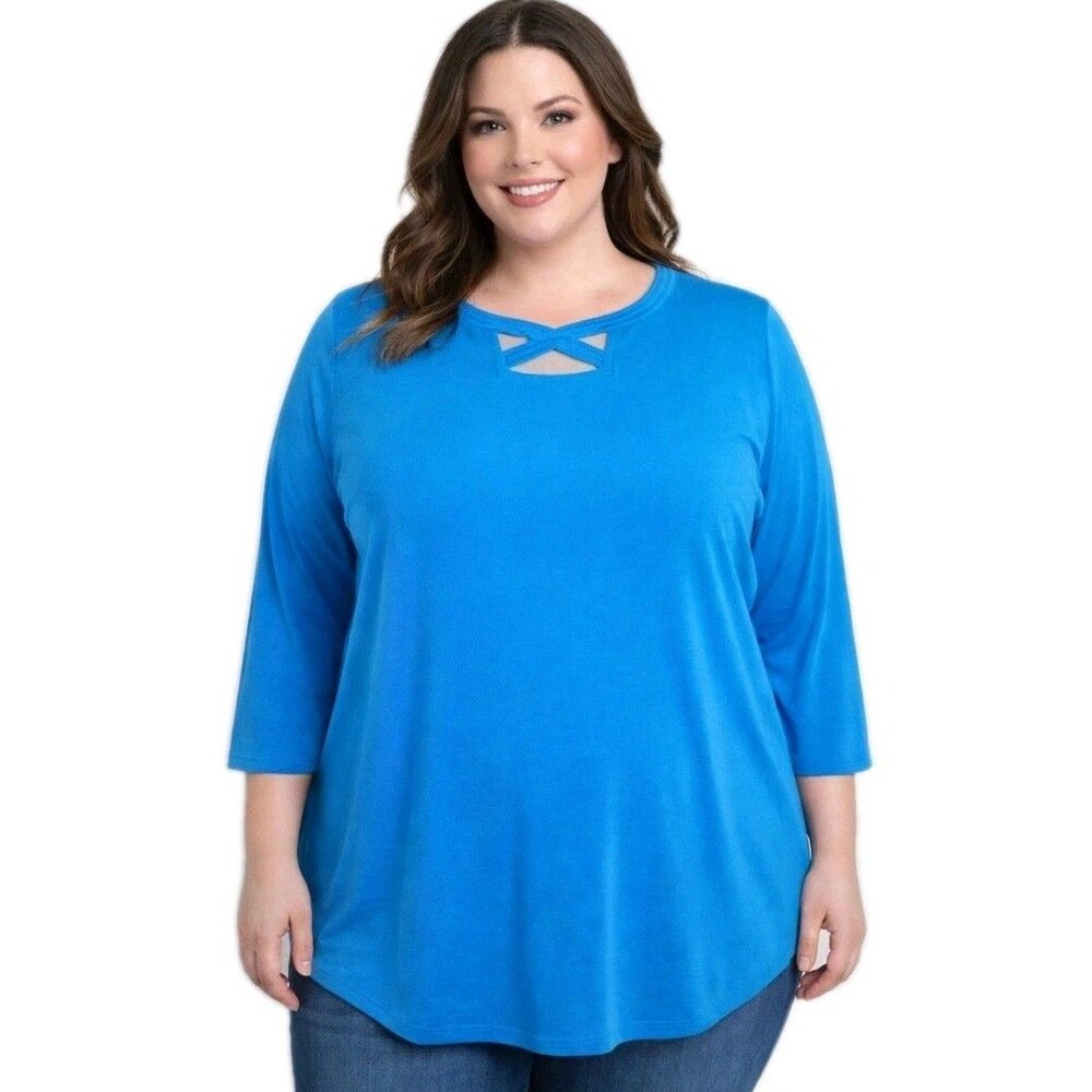 EAST 5TH Womens 1X Cut-Out Detail Criss Cross 3/4 Sleeve Stretch Top Solid Blue